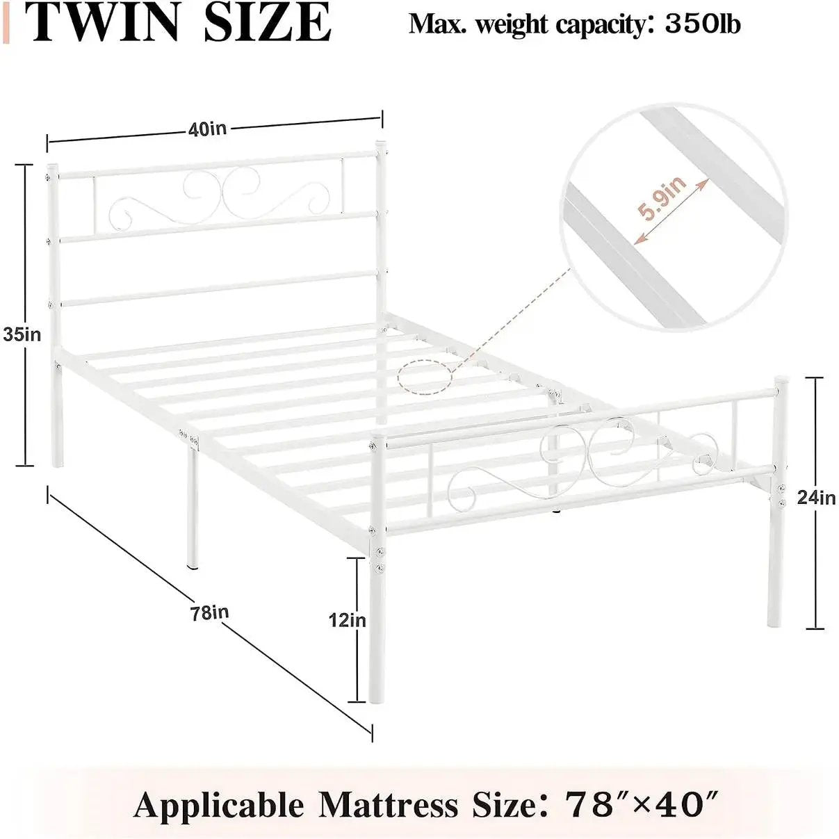 Twin size White Metal Platform Bed Frame with Headboard and Footboard - Tampa Home & Garden Store