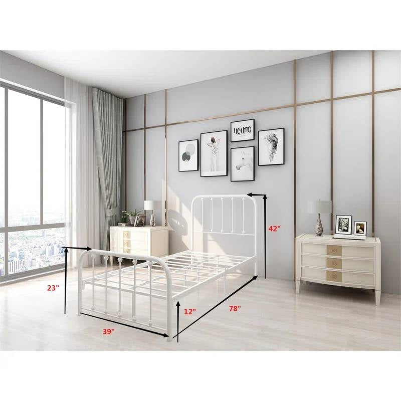 Estructura de cama individual de metal blanco con cabecero y piecero de esquinas redondeadas de listones