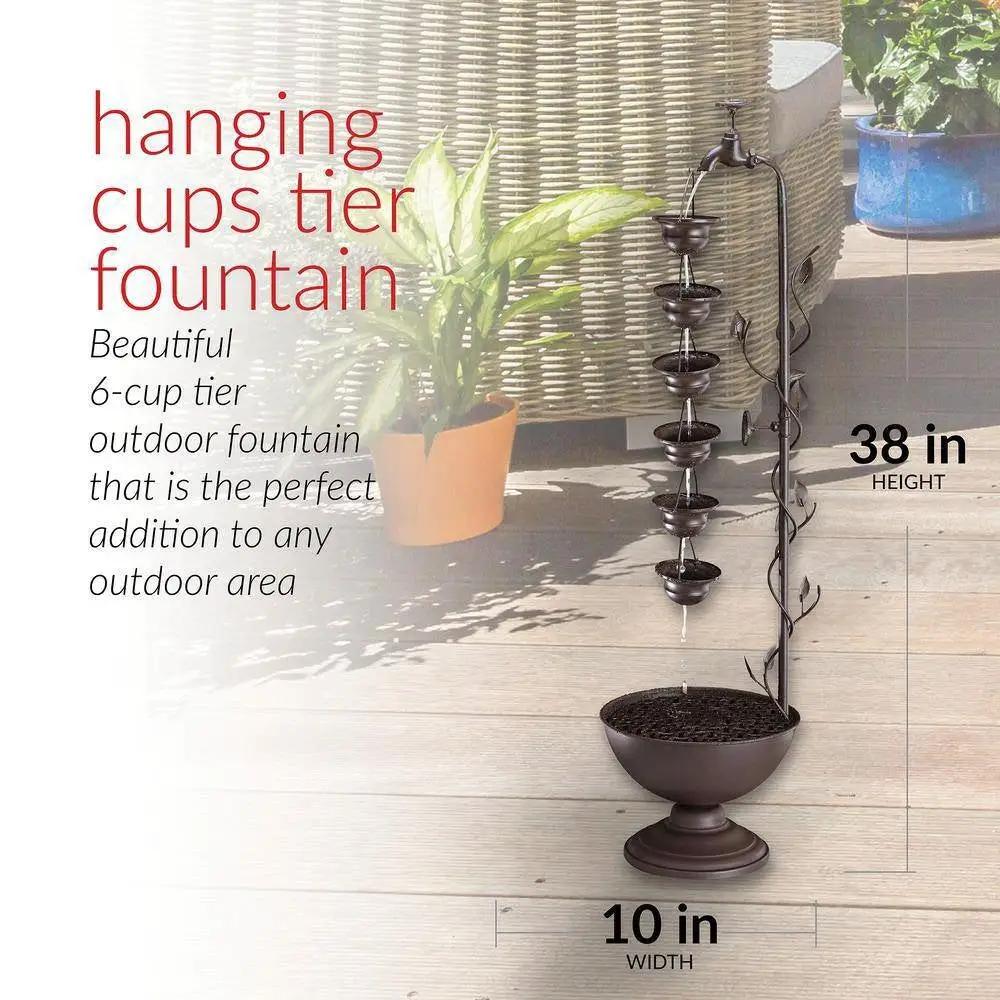 Outdoor 6-tier hanging cups water fountain in bronze finish with pedestal base on Tampa Home & Garden Store