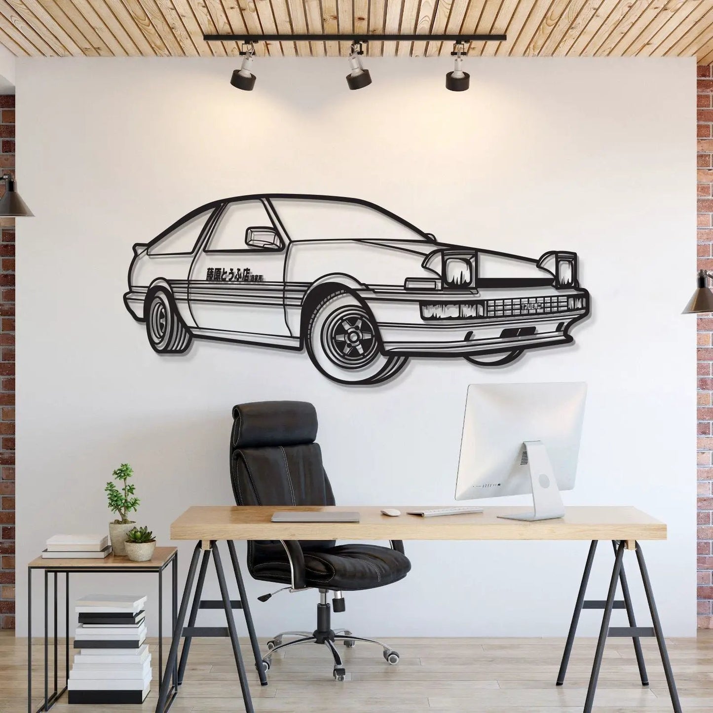 Corolla AE86 Perspective metal wall art by Modello Turbo, black outline car on Tampa Home & Garden Store