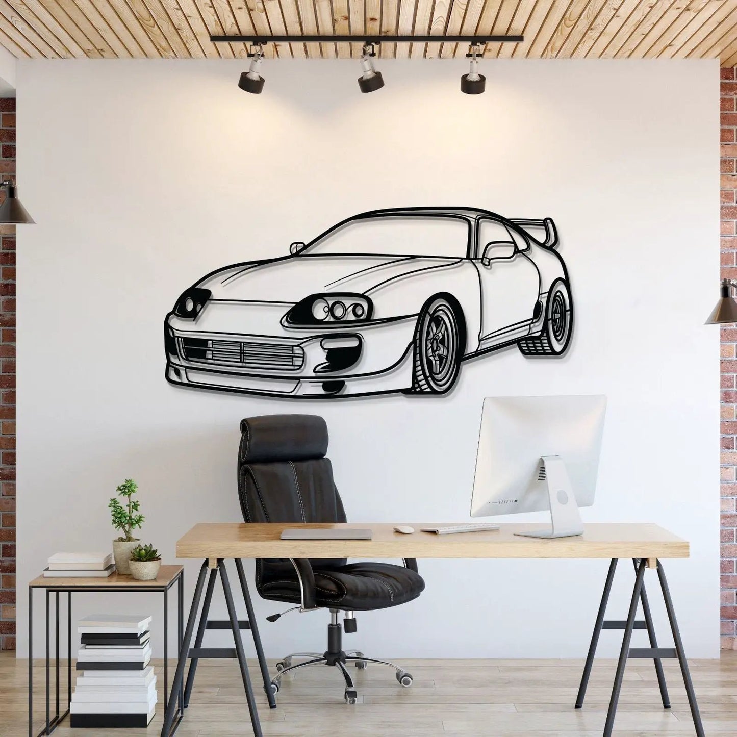 Supra MK4 Perspective metal wall art by Modello Turbo line drawing of a sports car on white wall on Tampa Home & Garden Store