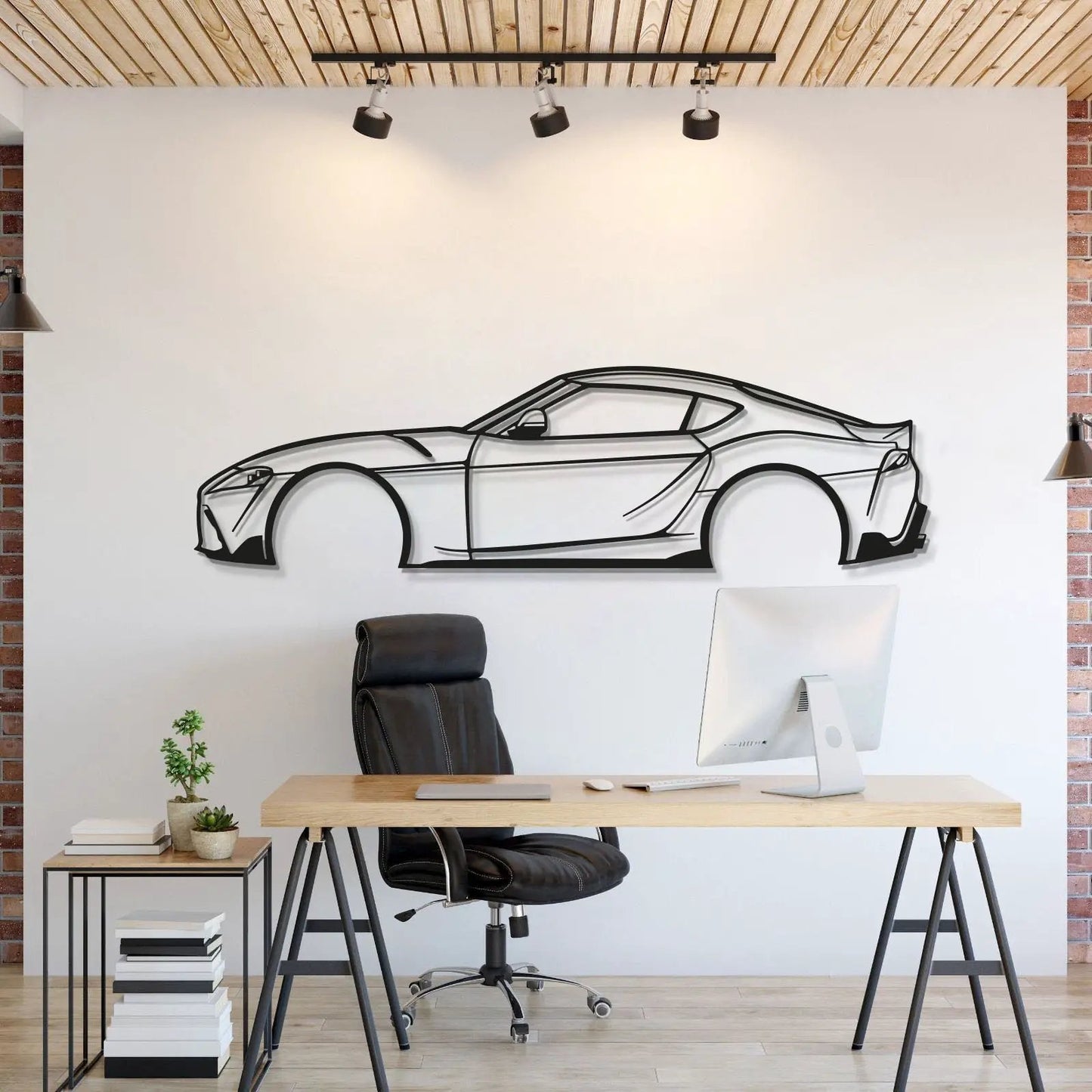 Supra MK5 metal car wall art by Modello Turbo bold black line drawing on white wall on Tampa Home & Garden Store