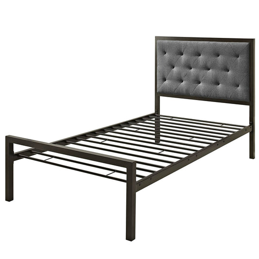 Twin Metal Platform Bed with Gray Fabric Button Tufted Upholstered Headboard - Tampa Home & Garden Store
