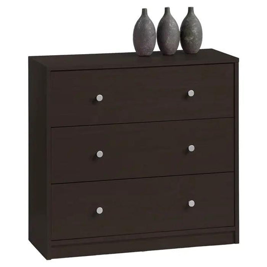 Modern 3-Drawer Chest in dark brown wood finish with silver knobs on Tampa Home & Garden Store