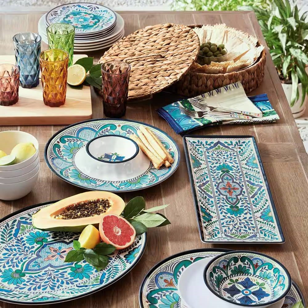 Juego de vajilla de melamina de 12 piezas con patrón floral azul