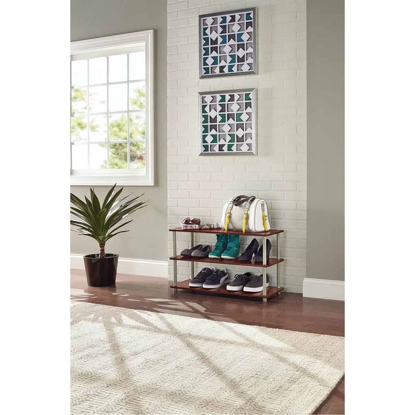 Dark Cherry 3-Shelf Modern Shoe Rack - Holds up to 12 Pair of Shoes - Tampa Home & Garden Store