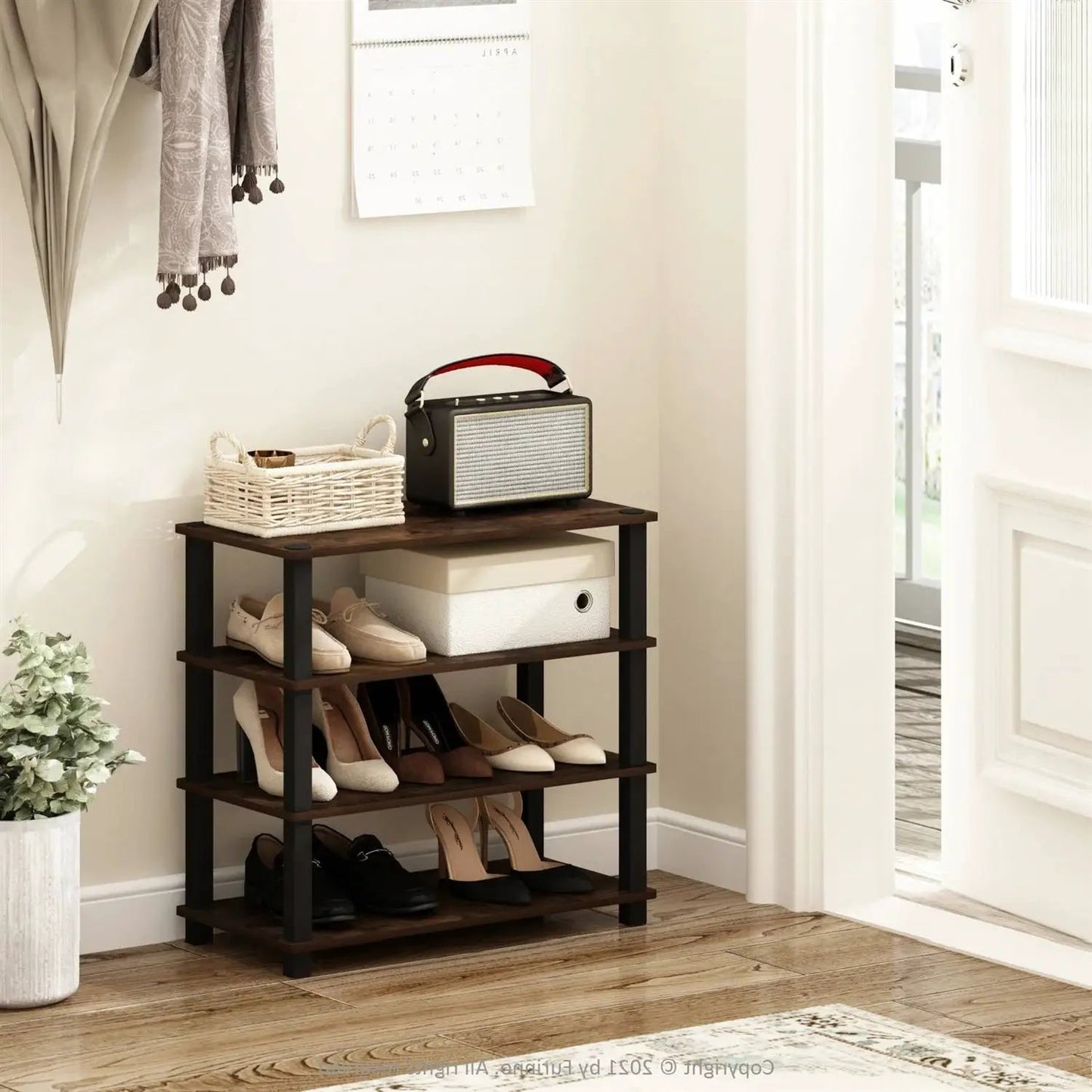 HomePacific Stackable 4-Shelf Shoe Rack holds 12 pairs; dark wood shelves with black frame on Tampa Home & Garden Store