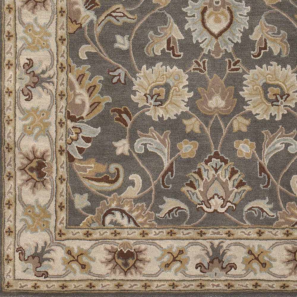 Cherryfield hand tufted taupe wool rug with gray field and ornate cream border on Tampa Home & Garden Store