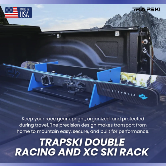 TRAPSKI Double Racing and XC Ski Rack in pickup bed with blue supports and mounted skis on Tampa Home & Garden Store