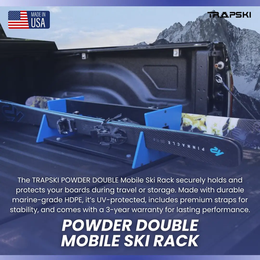 Powder Double Mobile Ski Rack by TRAPSKI with blue end supports in bed holding snowboard on Tampa Home & Garden Store