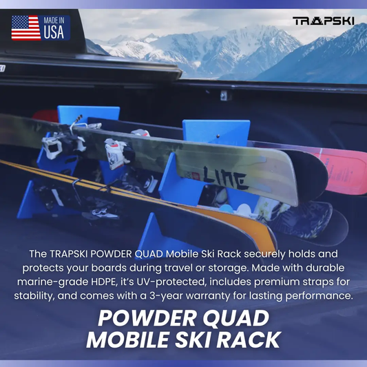 Powder Quad Mobile Ski Rack by TRAPSKI with blue HDPE supports for skis and boards on Tampa Home & Garden Store