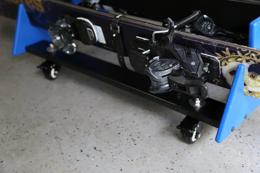 TRAPSKI Rack Wheel Kit with four 2in wheels on ski rack, black hardware, blue support on Tampa Home & Garden Store