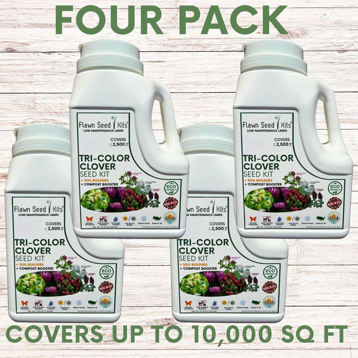 Tri-Color Clover Seed Kit four-pack by Flawn Seed Kits; covers up to 2,500 sq ft on Tampa Home & Garden Store