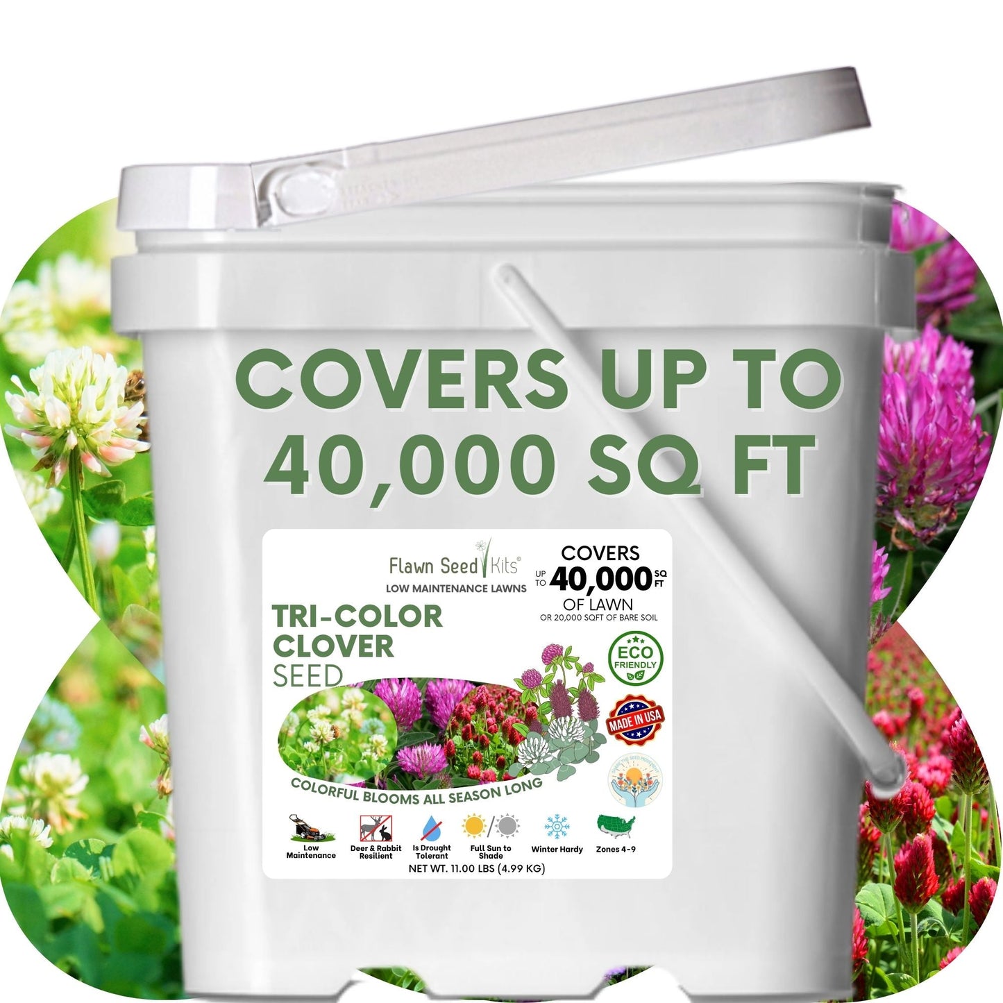 Tri-Color Clover Seed by Flawn Seed Kits in a white seed bucket with label on Tampa Home & Garden Store