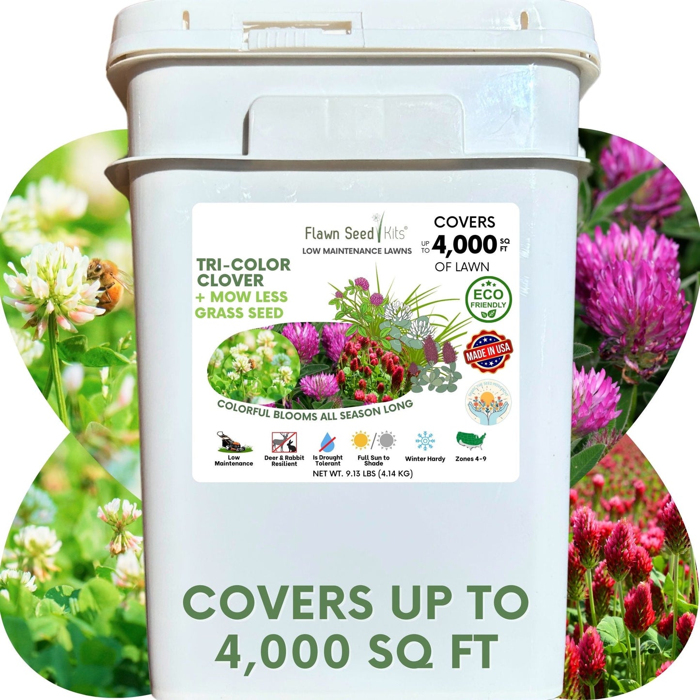 Tri-Color Clover + Mow Less Grass Seed container by Flawn Seed Kits, white tub on Tampa Home & Garden Store