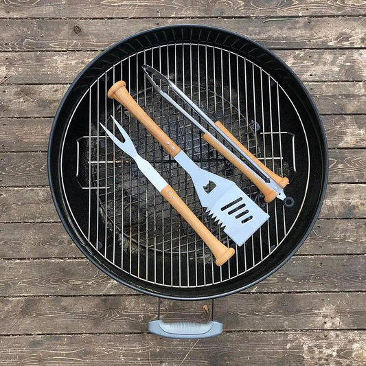 Triple Play Baseball BBQ Tools Set of 4 with wooden-handled spatula, fork and tongs on Tampa Home & Garden Store