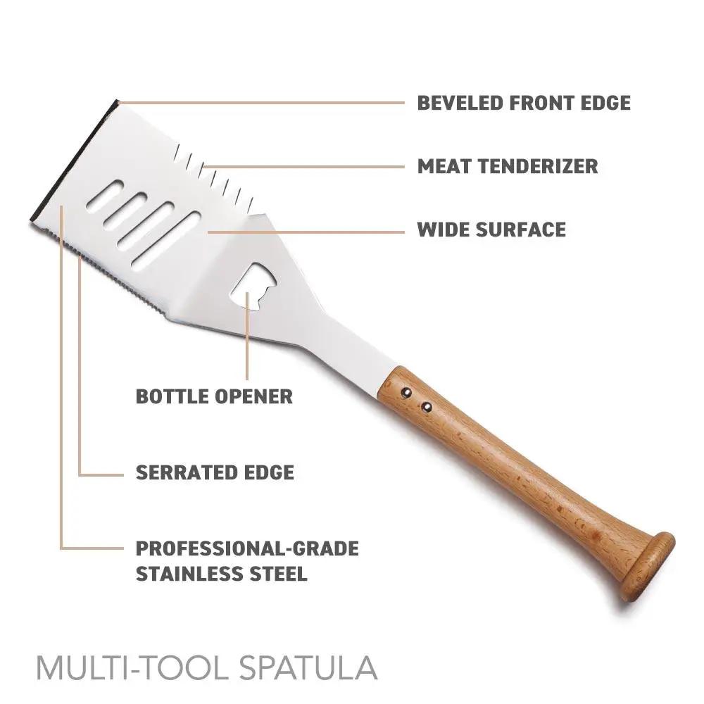 Triple Play Baseball BBQ spatula multi-tool with wood handle, stainless steel beveled edge on Tampa Home & Garden Store