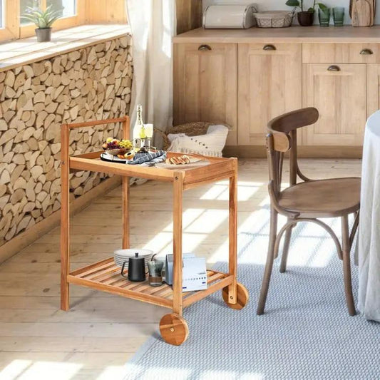 Solid Wood Rolling Serving Cart with Bottom Shelf in natural finish by HomePacific on Tampa Home & Garden Store
