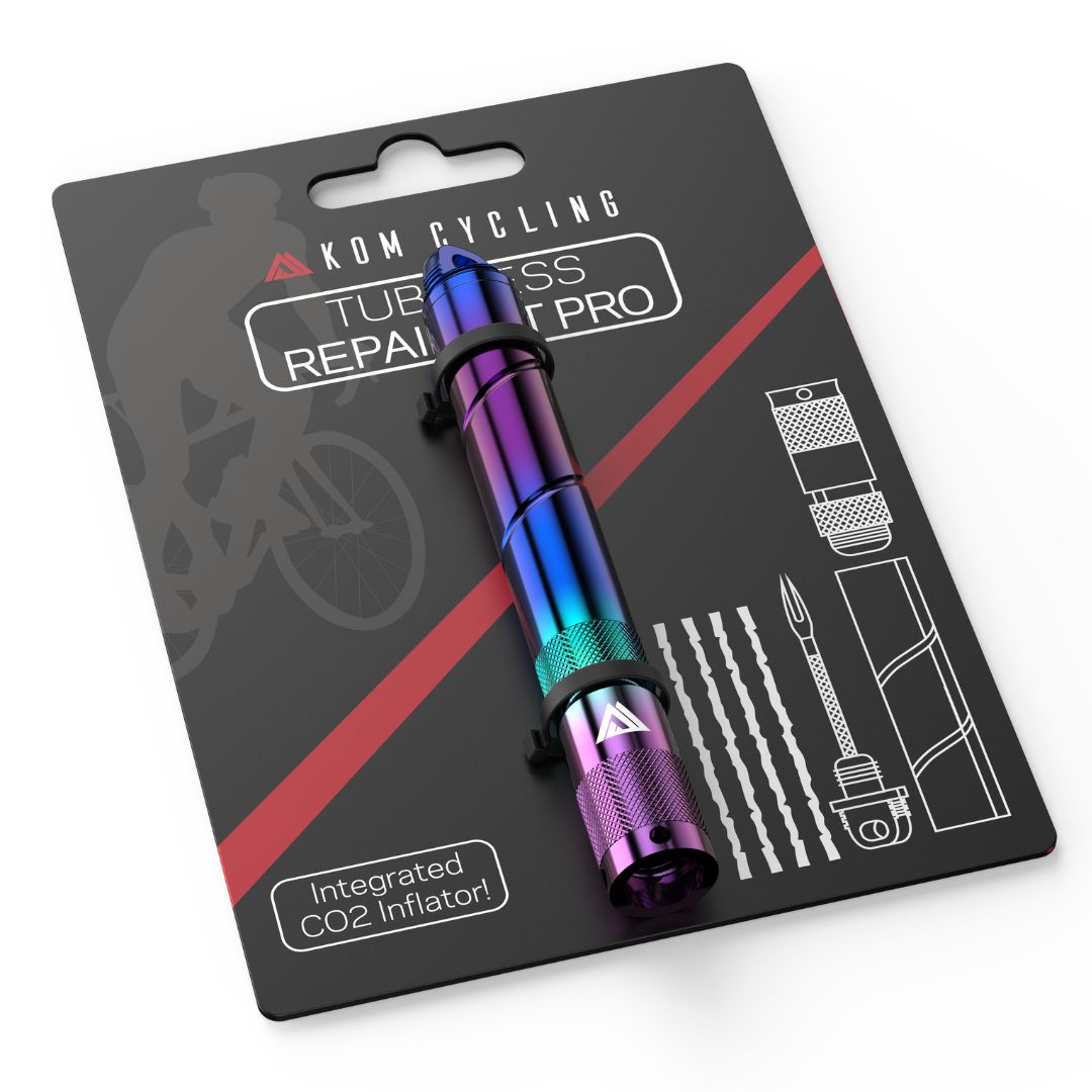 KOM Cycling Tire Repair Tool PRO, rainbow anodized CO2 inflator, compact bike repair tool on Tampa Home & Garden Store