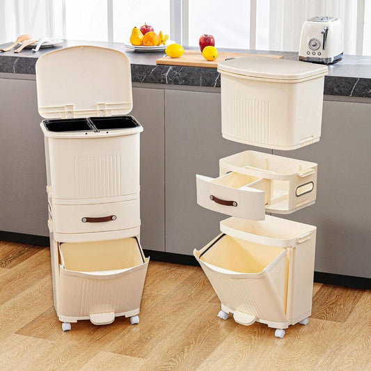 12-Gallon Elevated Trash Can Recycle Bin with Lid on Wheels in Cream - Tampa Home & Garden Store