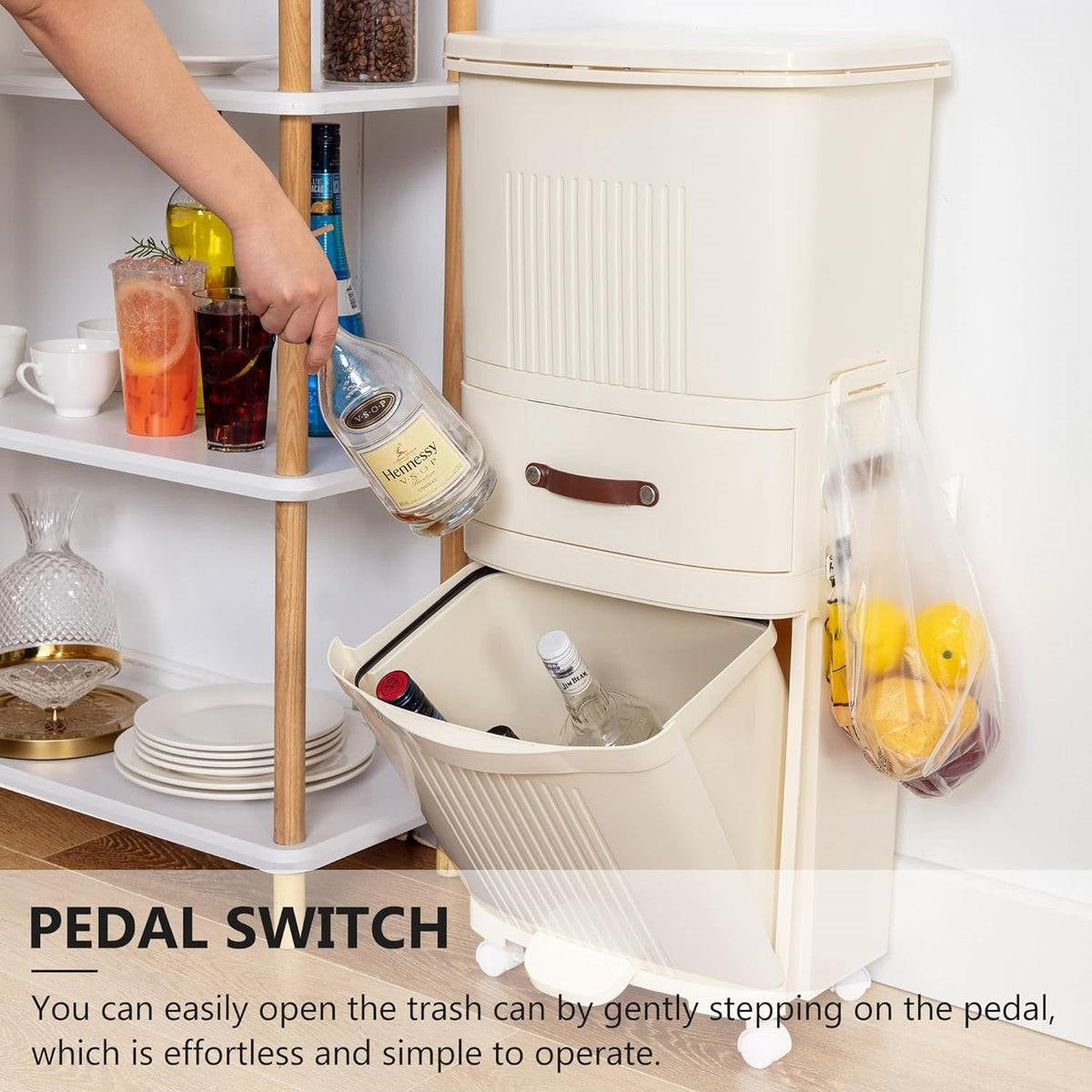 12-Gallon Elevated Trash Can Recycle Bin with Lid on Wheels in Cream