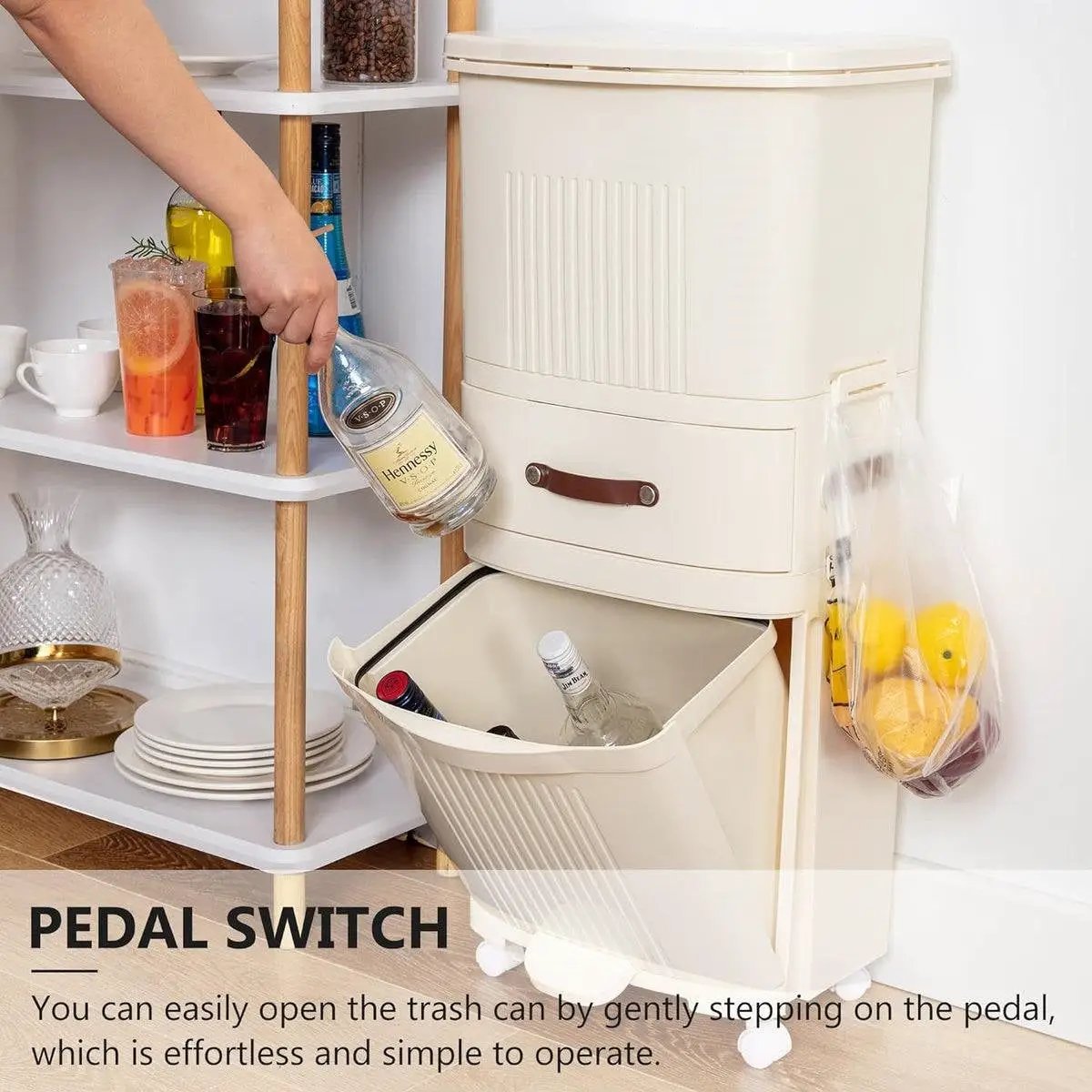 12-Gallon elevated trash can with pedal lid on wheels, cream finish, HomePacific on Tampa Home & Garden Store