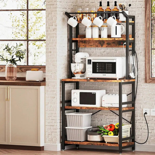 Modern Heavy Duty Baker Rack with shelves and black frame kitchen holds microwave and mugs on Tampa Home & Garden Store