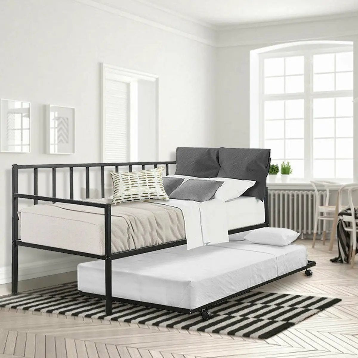 Twin size Black Metal Daybed with Roll-out Trundle Bed Frame - Tampa Home & Garden Store