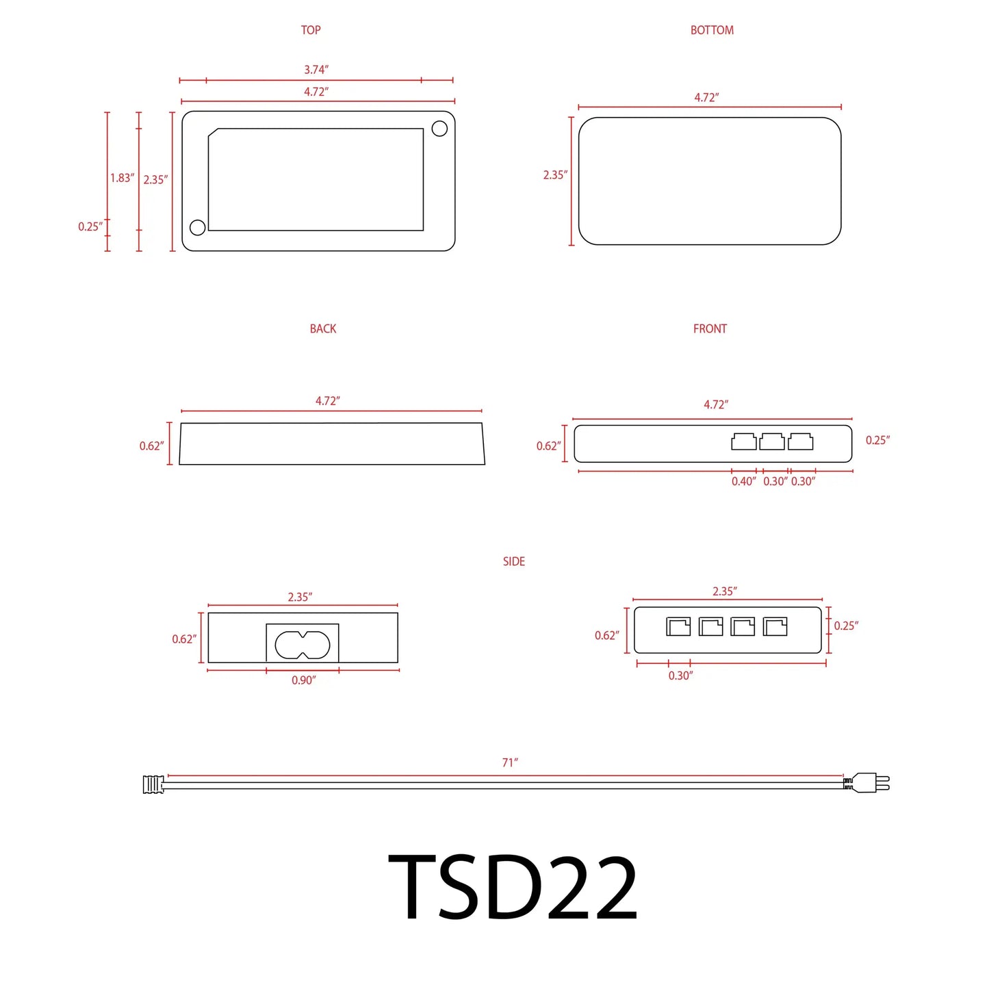 TSDC22 12V DC LED transformer with rounded enclosure and input cable, dimensional views on Tampa Home & Garden Store