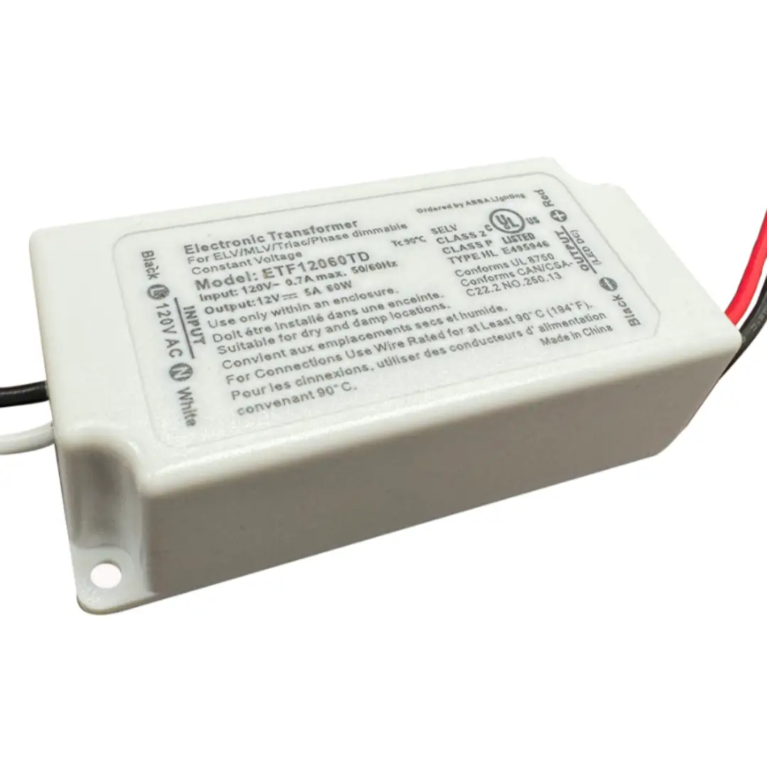 12V 60W LED strip transformer, white enclosure with mounting tab and red/black leads on Tampa Home & Garden Store