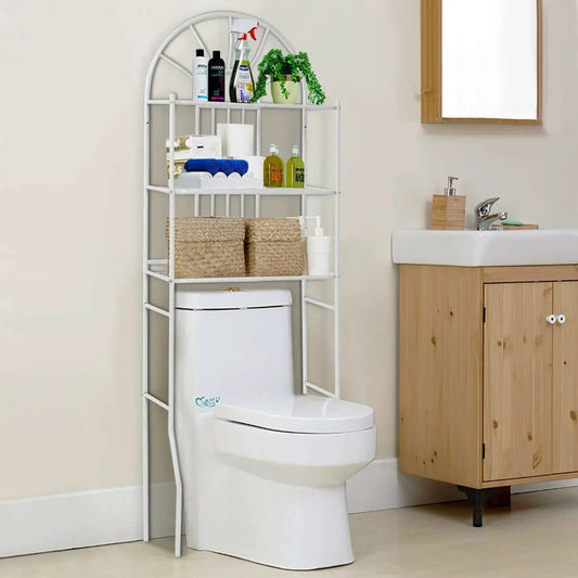 Over toilet white metal bathroom storage shelving unit with arched top and four shelves on Tampa Home & Garden Store