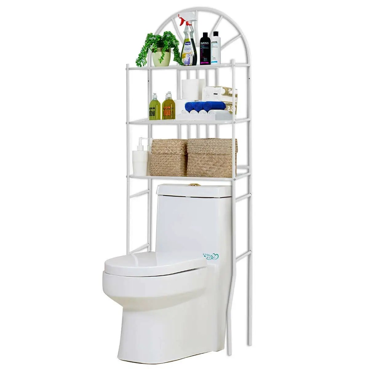Over toilet storage shelving unit in white metal with arched top and multiple tiers HomePacific bathroom rack on Tampa Home & Garden Store