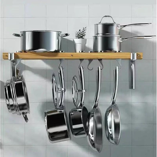 36-inch wall mounted pot rack with 6 swivel hooks, wooden beam and chrome pots on Tampa Home & Garden Store