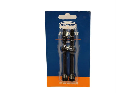 Tubeless aluminum valve pair, black, by Biketube Brand in blue packaging on Tampa Home & Garden Store