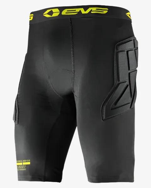 EVS TUG padded shorts with anti-chafe layer, black with yellow waistband and thigh protection on Tampa Home & Garden Store