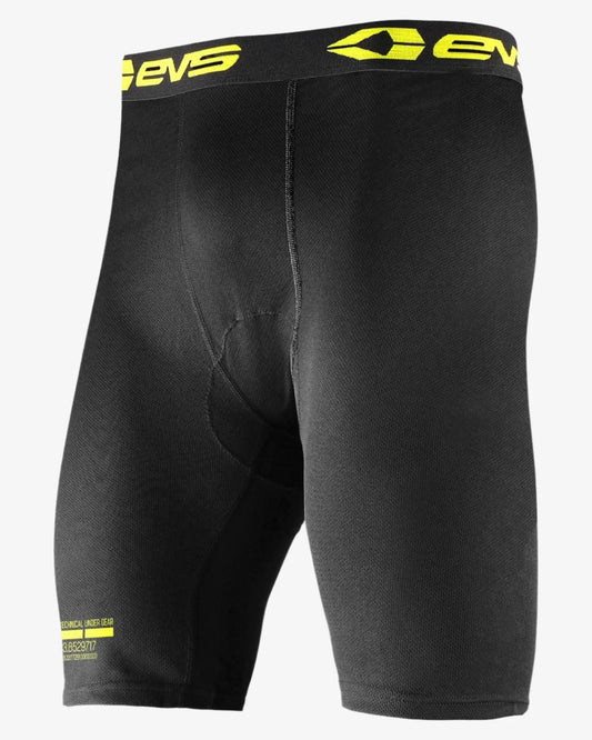 TUG Vented Compression Shorts by EVS Sports in black with neon yellow waistband logo on Tampa Home & Garden Store