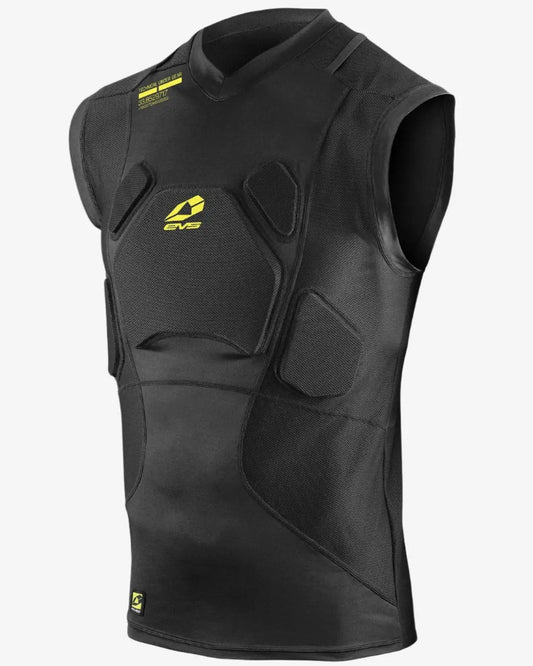 TUG Impact Vest Reactive Memory Foam undergear, black protective vest with yellow EVS logo and padded panels on Tampa Home & Garden Store