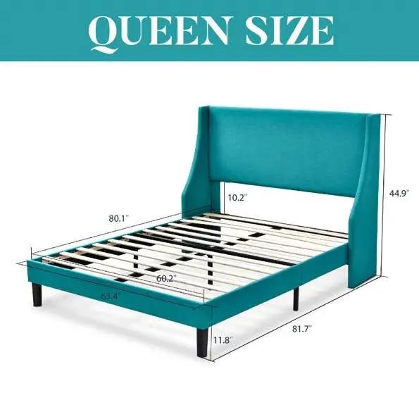 Queen Size Turquoise Linen Blend Upholstered Platform Bed with Wingback Headboard - Tampa Home & Garden Store