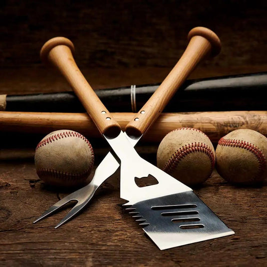 Turn Two Combo Set Baseball BBQ tools with wooden handles and stainless blades by Baseball BBQ on Tampa Home & Garden Store