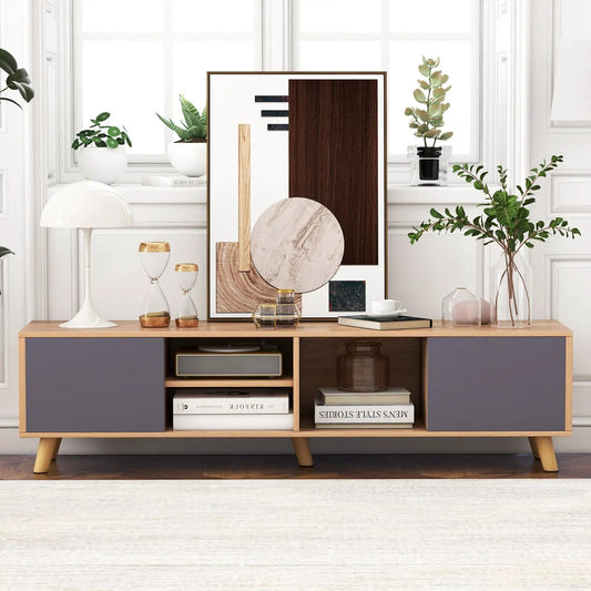DirectDeals TV Stand Up To 65 Inch With Open Shelf, two-tone wood frame and gray doors on Tampa Home & Garden Store