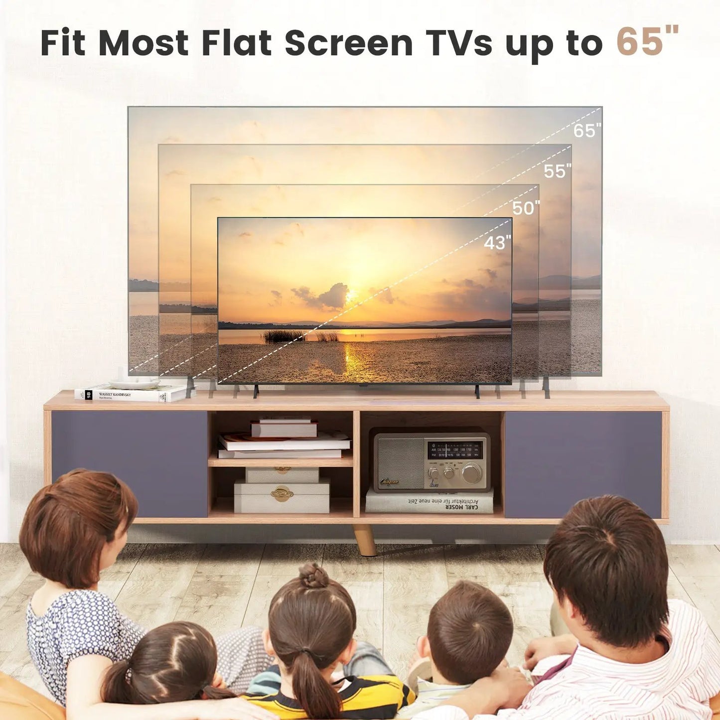 TV Stand Cabinet Up To 65 Inch with Open Shelf natural wood blue doors on Tampa Home & Garden Store