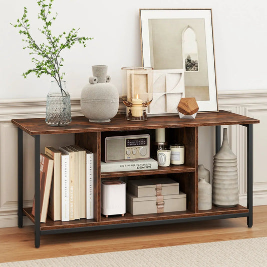 TV Stand with Open Shelves and Power Outlets rustic brown wood top with black metal frame on Tampa Home & Garden Store