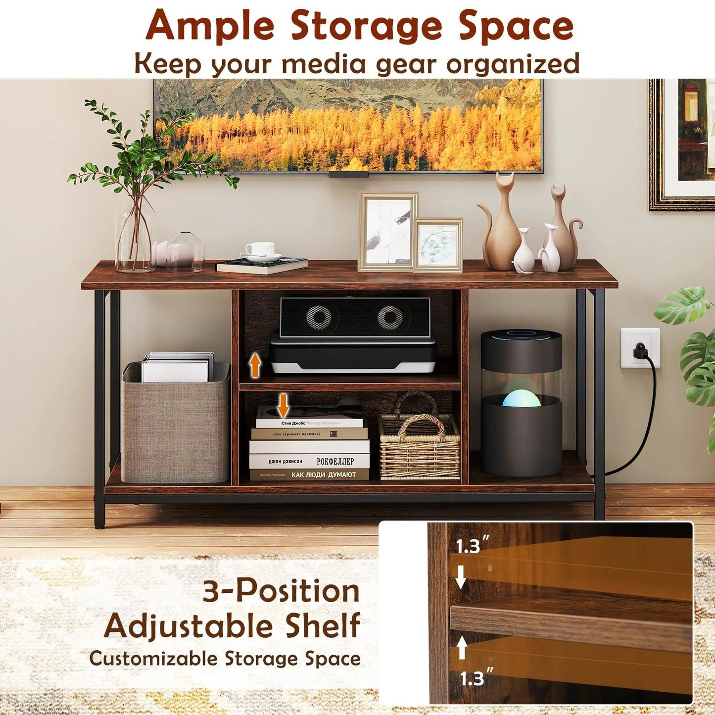 TV Stand with Open Shelves and Power Outlets in rustic brown wood by DirectDeals on Tampa Home & Garden Store