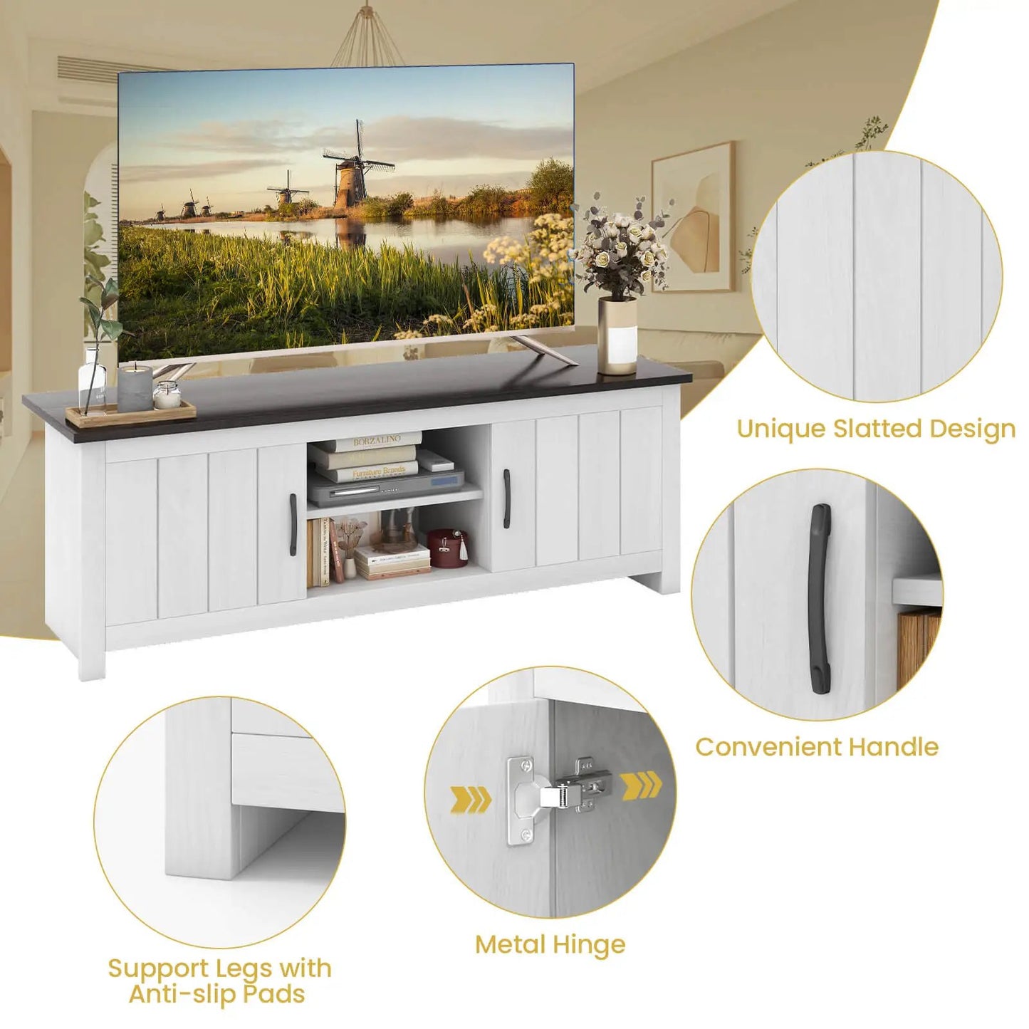 TV stand white with dark top, 2 cabinets and open shelves, metal hinge on Tampa Home & Garden Store