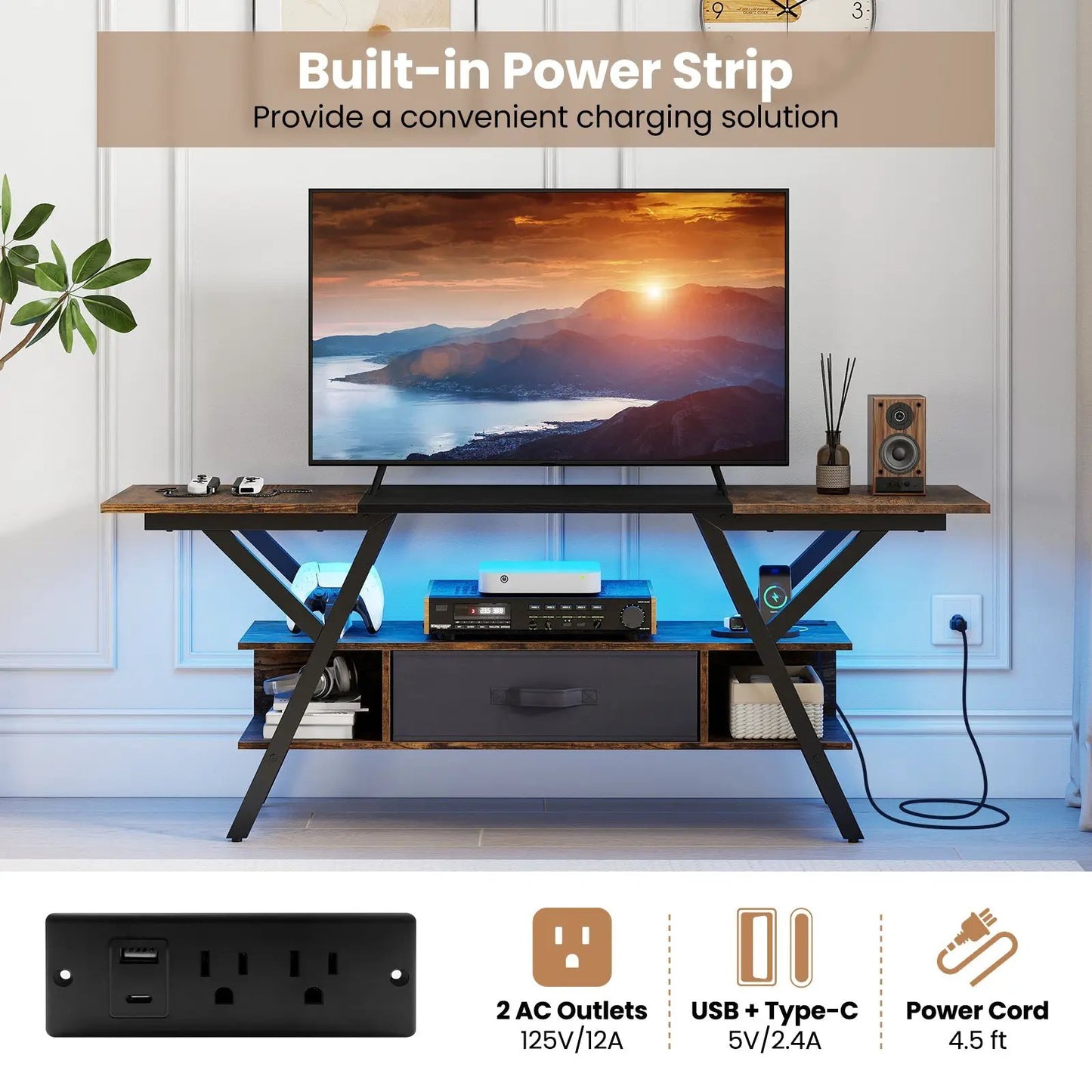 DirectDeals TV Stand for 65 Inch TVs with built-in power outlets and LED, dark wood on Tampa Home & Garden Store