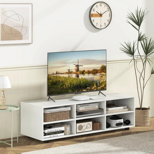 TV Stand for 55 Inch TV with Storage White by DirectDeals with open cubbies and baskets on Tampa Home & Garden Store