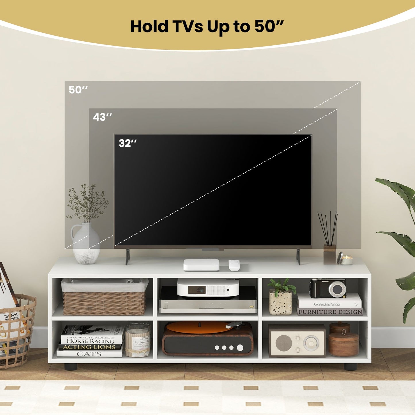 TV Stand for TV up to 55 Inch with 6 Storage Compartments-White