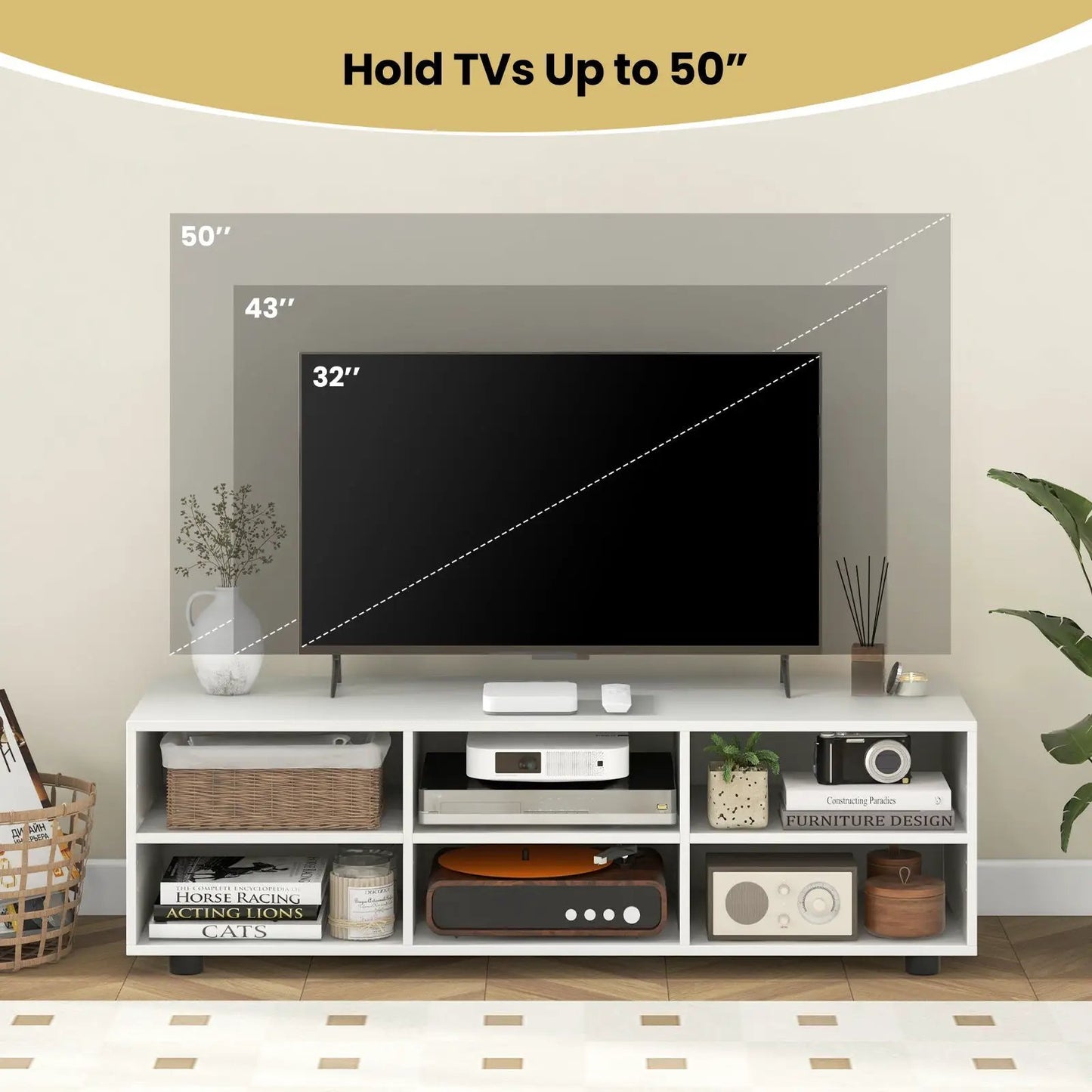 White TV stand with 6 storage cubbies for a 55 inch TV on Tampa Home & Garden Store