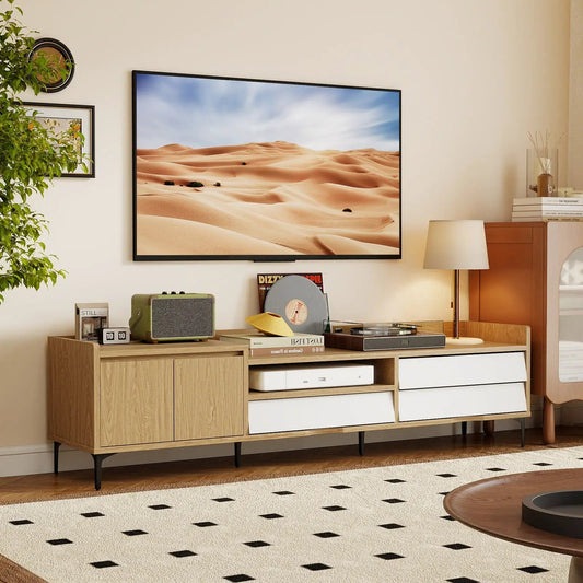 Mid Century Modern TV Stand for 80 Inch TVs in natural wood with storage and white drawers on Tampa Home & Garden Store