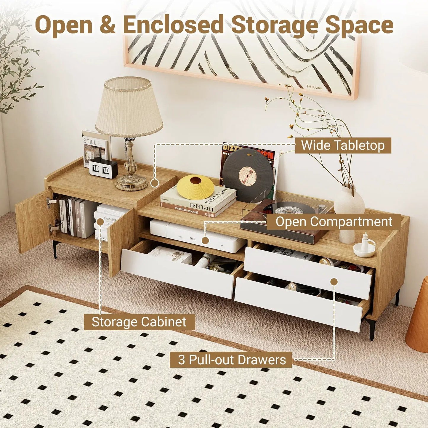 Mid Century Modern TV Stand for 80 Inch TVs natural wood with 3 drawers and open storage on Tampa Home & Garden Store